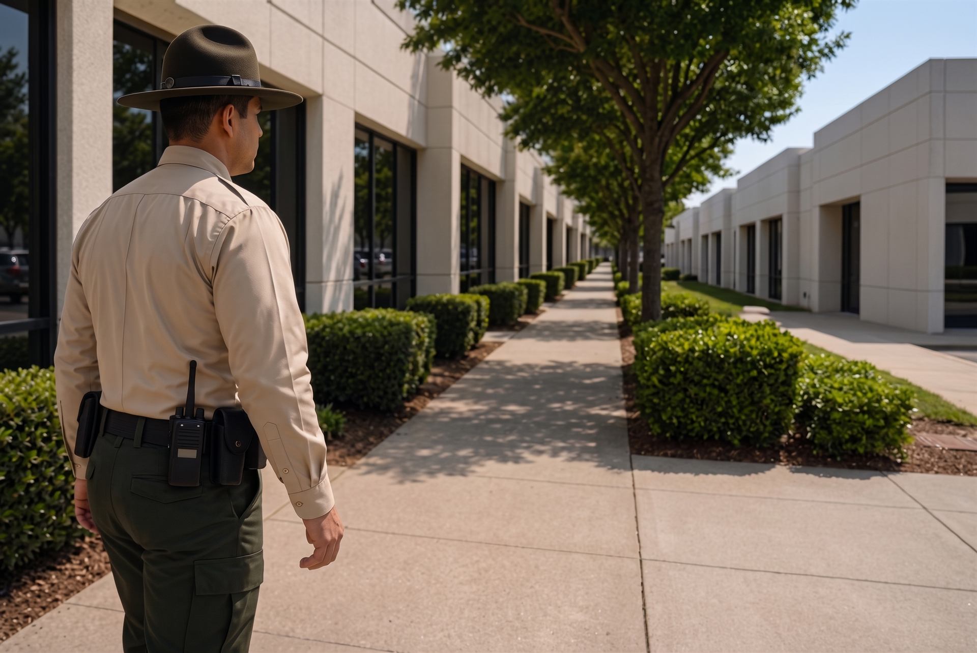 Security guard patrolling a commercial property in Fresno